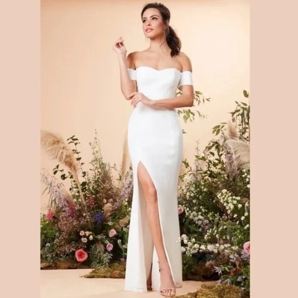 DRESS THE POPULATION Logan Off Shoulder Gown Dress Off White Small NEW